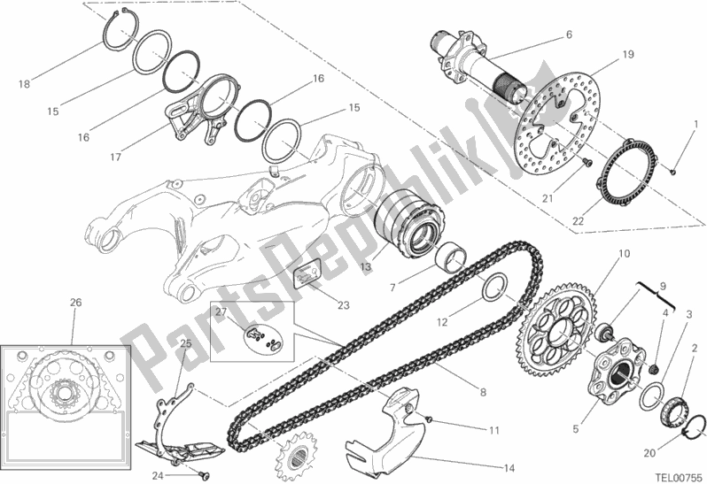 All parts for the Rear Wheel Spindle of the Ducati Superbike 1199 Panigale S Tricolore USA 2012